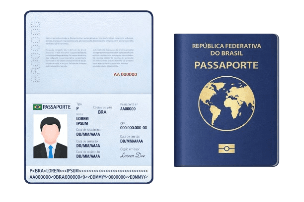 Ilustração de passaporte brasileiro: página de dados aberta ao lado da capa com brasão